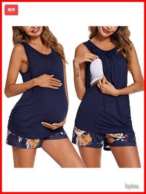 Maternity Nursing Pajama Set Sleeveless Top & Shorts with Pockets